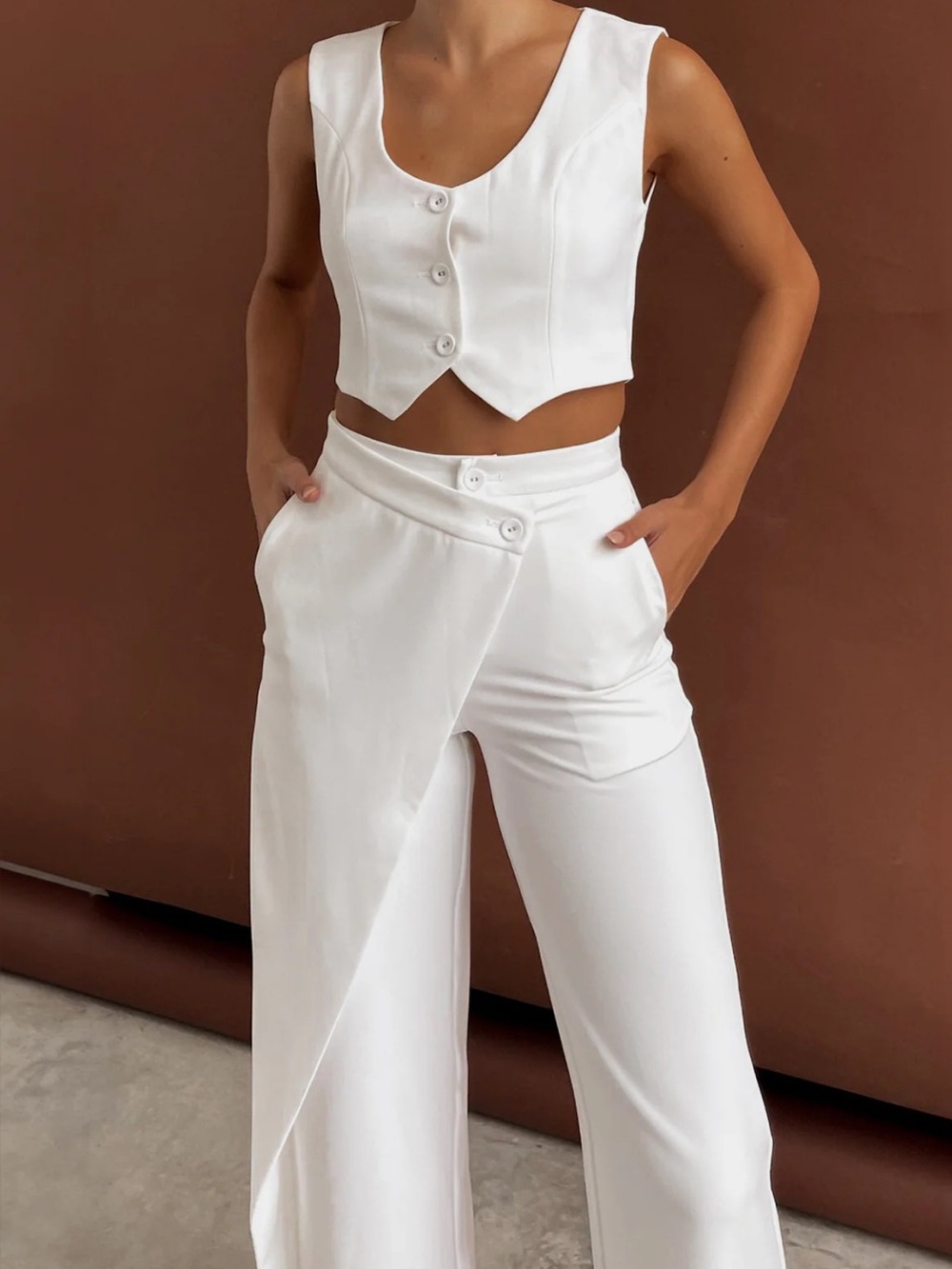 Commense White Wide-Leg Wrap-Front Pants - Picture 3 of 5